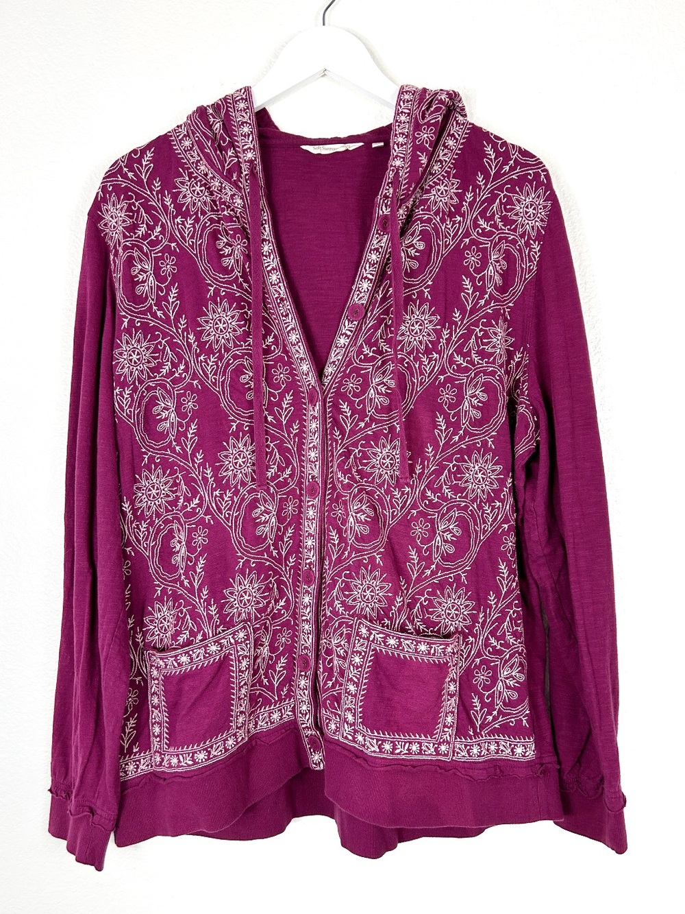 Soft Surroundings embroidered cotton boho button up hoodie purple size XL